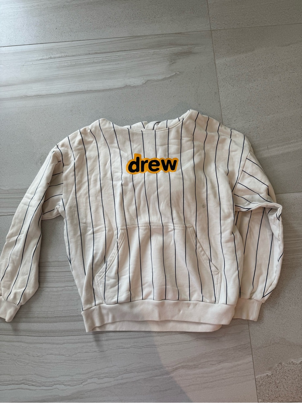 drew house Cream Stripe Pullover with Black Trim and Yellow Logo